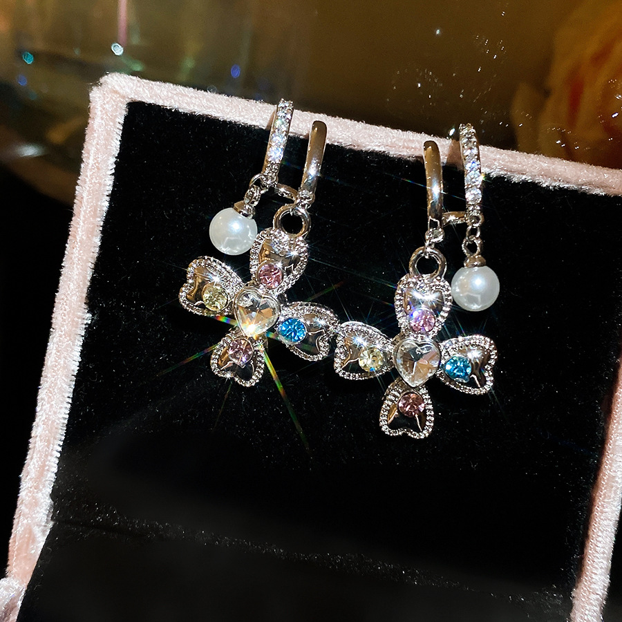 Silver needle zirconia studded diamond heart cross pearl earrings, fashionable versatile, light luxury and high-end earrings - view 8