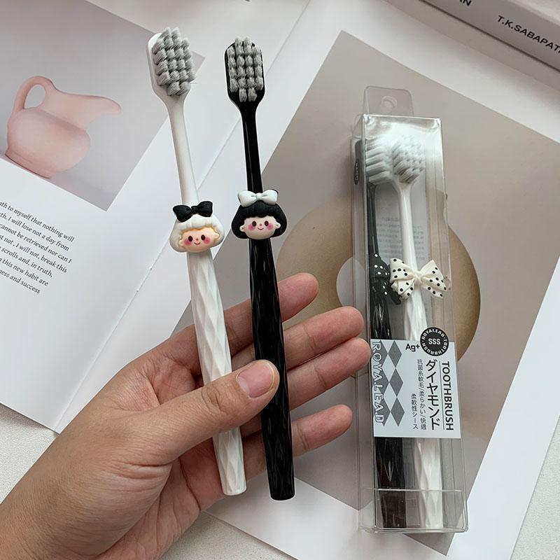 Toothbrush For Girls With Bowknot & Diamond Pattern Handle, Adult Household Wide Head Couple Toothbrush Cute Black White Soft Bristle