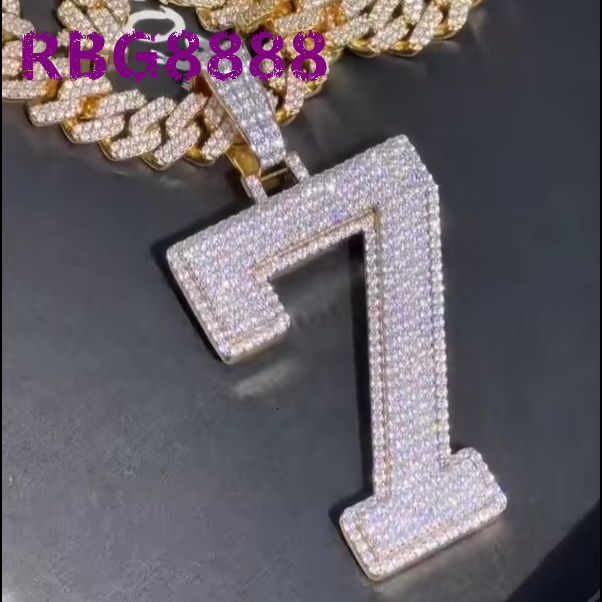Custom Full Pave Iced Out Moissanite 925Silver White Gold Plated Big Number 7 Pendant Heavy Cuban Chain Necklace for Trendsetter