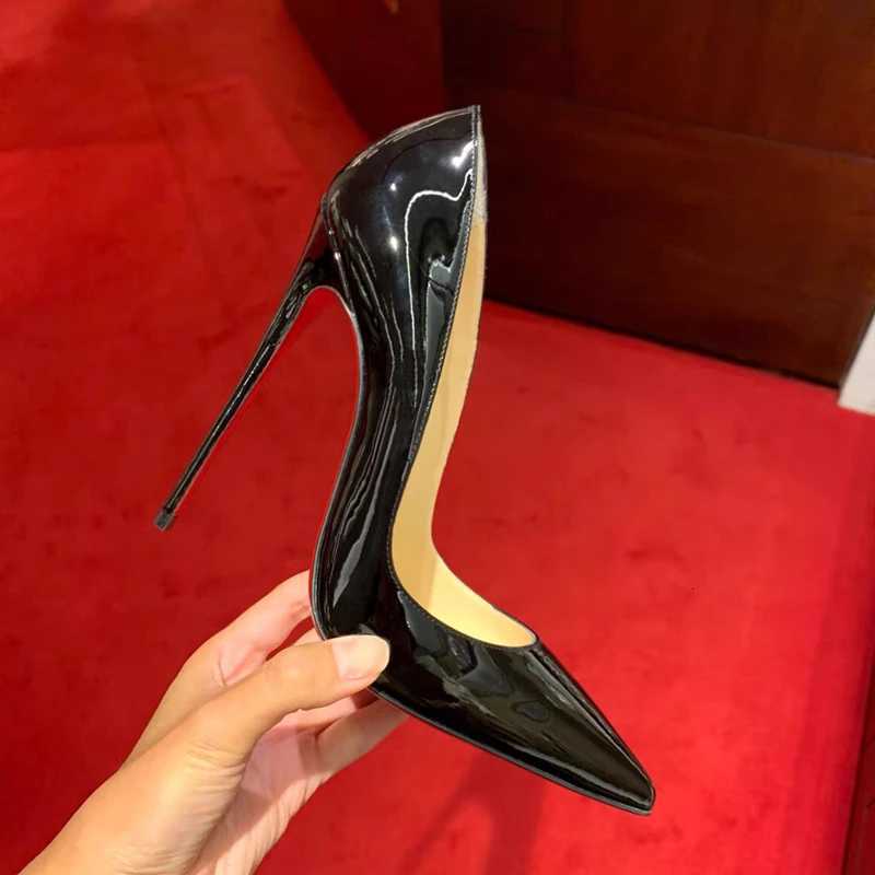 New shallow classic patent leather 12cm fashionable and versatile work high heels nude 10cm thin heel plus size 33-46 X260401
