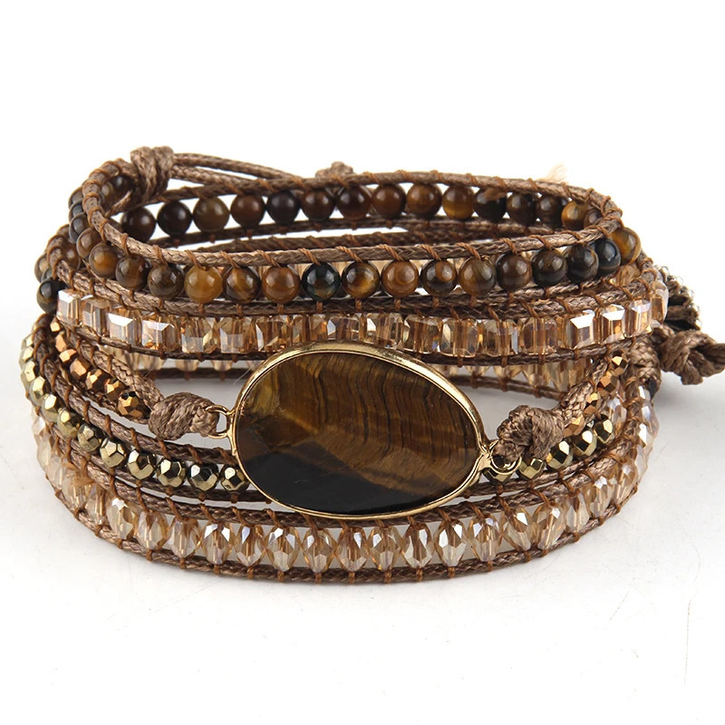 RH Fashion Leather Boho Armbander Green Mixed Natural Stones Charm 5 Strands Beaded Wrap Bracelets Drop 260318BJ - view 6