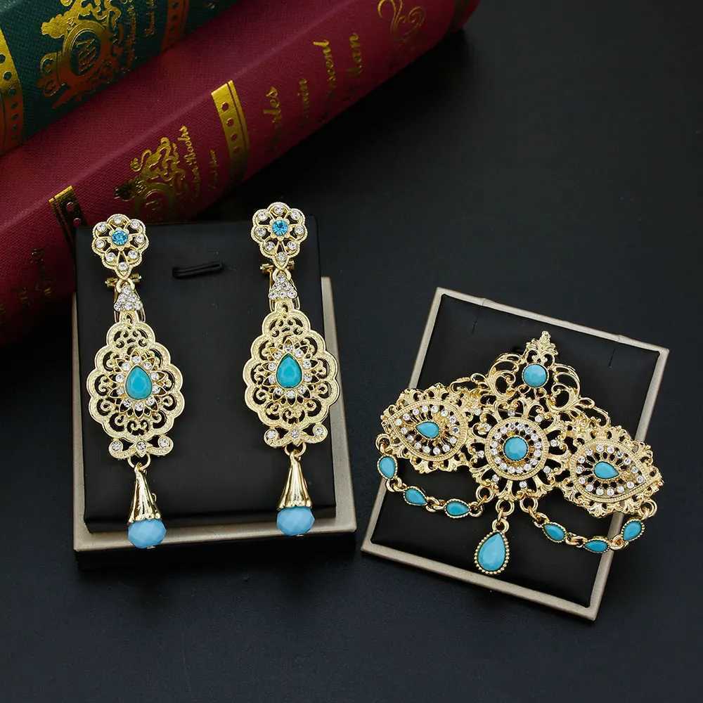 Gold Color Morocco Caftan Brooch Pins Long Drop Earring Blue Crystal Bride Jewelry Set for Women Arabic Flower Bijoux Z260401