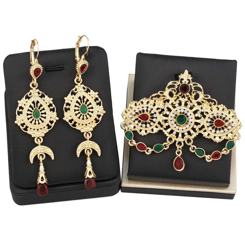 Gold Color Morocco Caftan Brooch Pins Long Drop Earring Blue Crystal Bride Jewelry Set for Women Arabic Flower Bijoux Z260401