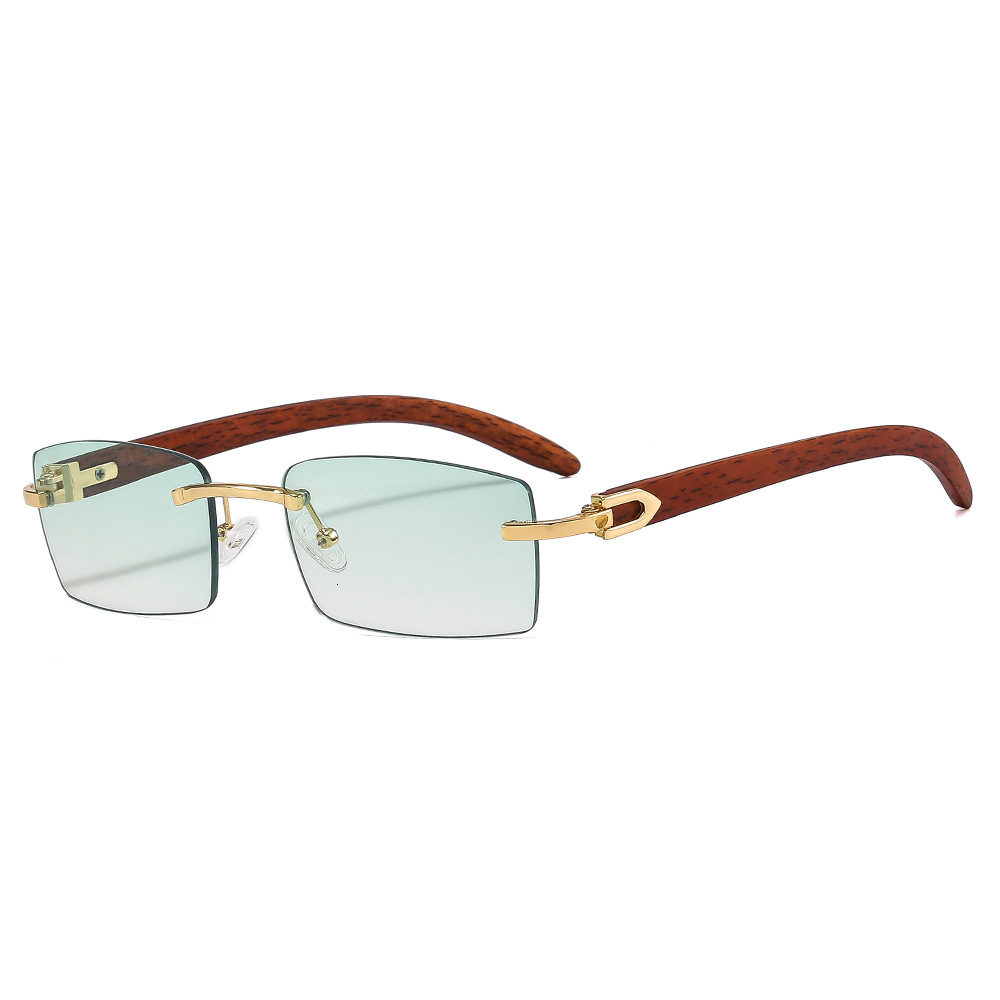 Trendy Wooden Leg Frameless Retro Women Ocean Lens Small Square Frame Sunglasses for Men Optical Glasses