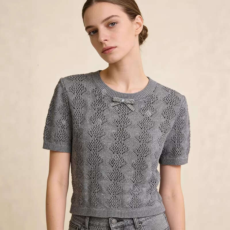 Bow sequin T-shirt summer new designer hollowed out round neck pullover sweater k30 knitted top