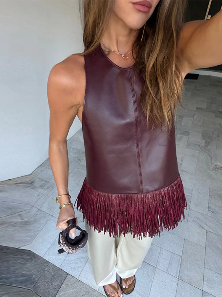 Faux Leather Fringe Ptachwork Halter Top Women Casual Solid Sleeveless Backless Female Tank 2026 Spring Summer Chic Lady Tops 260331