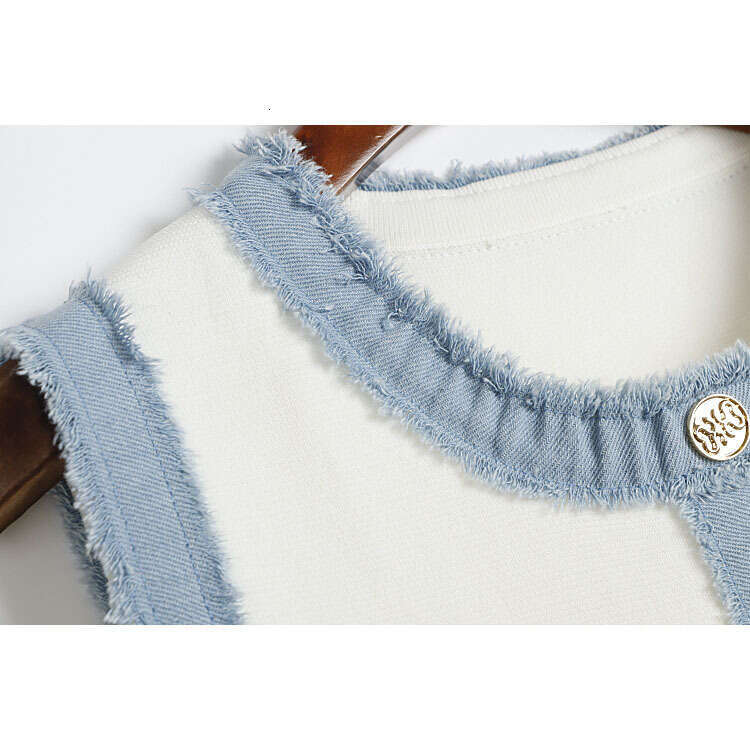 Summer new small fragrant k30 round neck color blocked tassel denim border sleeveless pleated skirt vest