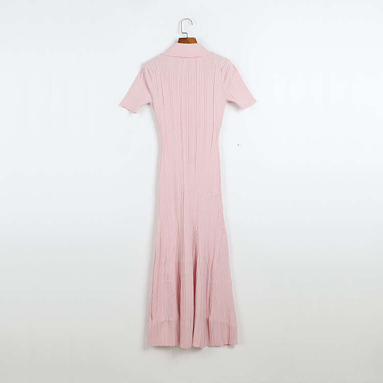 Designer solid color short sleeved lapel knitted pleated long skirt k30 for women, ribbed elastic long dress