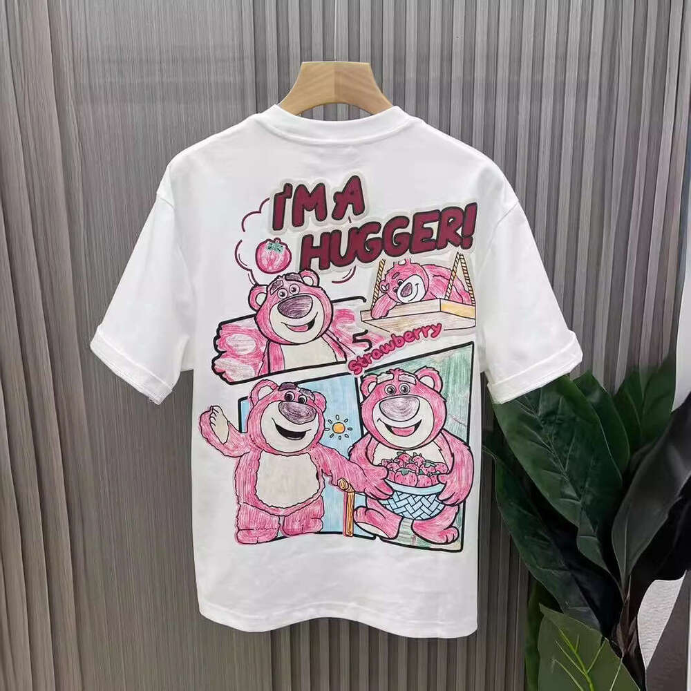 Men's Clothing T-Shirt Summer New Round Neck Strawberry Bear Print Short T-Shirt Couple Loose Casual Men's Half Sleeve Tee Youth Trendy Bran