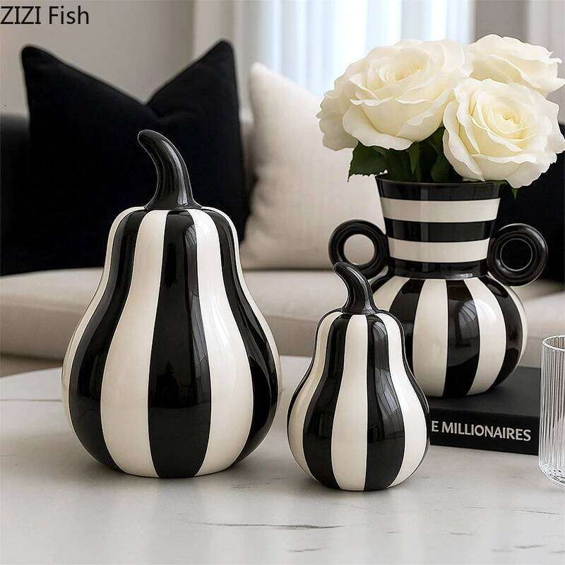 Black and White Striped /pear Ceramic Statue Desk Decoration Minimalist Fruits Sculpture Ornaments Room Aesthetic Decor 26Y0401