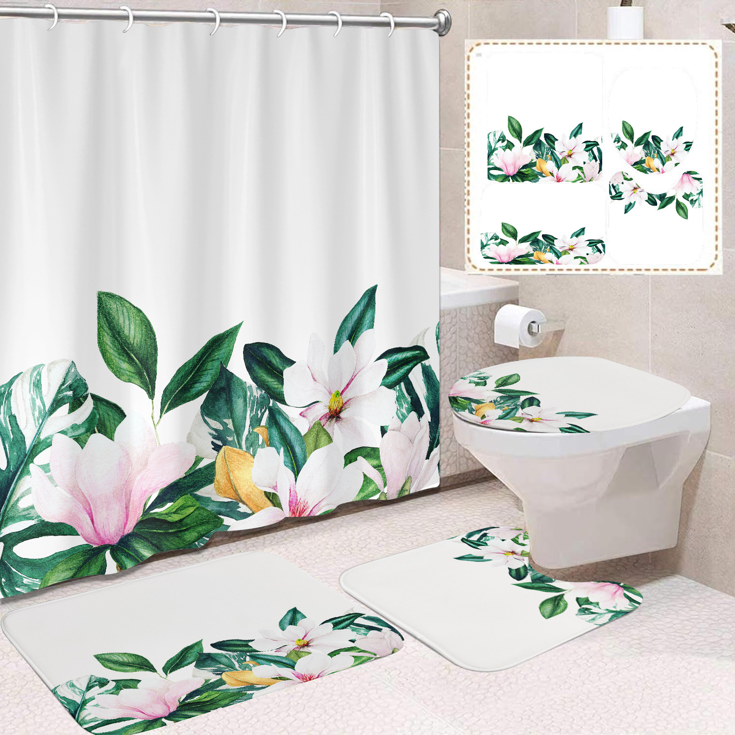 YL-38420 Floral Shower Curtain and Mat Set (4 Pieces) - Bathroom Dry and Wet Separation Toilet Isolation Curtain - Modern Minimalist Style