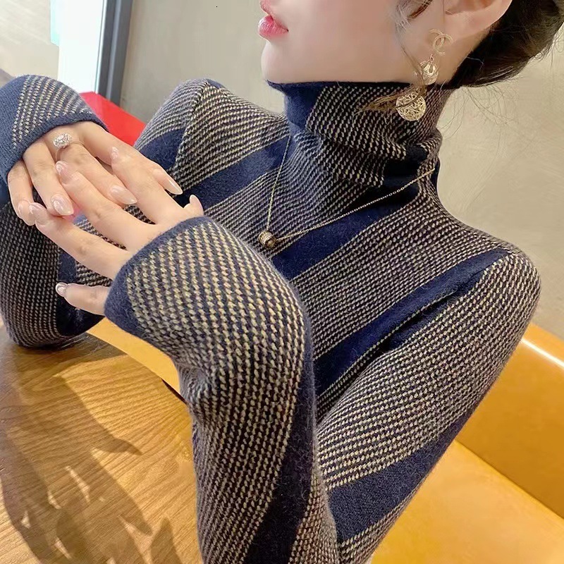 2026 Designer High Collar Sweater Fashion Luxury Brand Striped Jacquard New Style Western Long Sleeve Bottom Shirt Show Thinning Knitted Inner Women&#