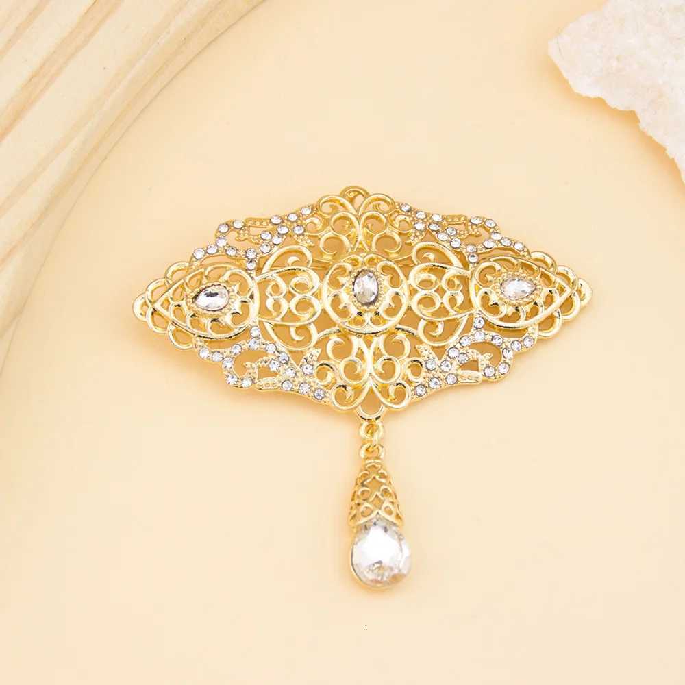 Sunspicems Gold Color Moroccan Caftan Brooch Pins For Women Arabic Bridal Jewelry Hollow Paisley Pattern Crystal Pendant Z260401