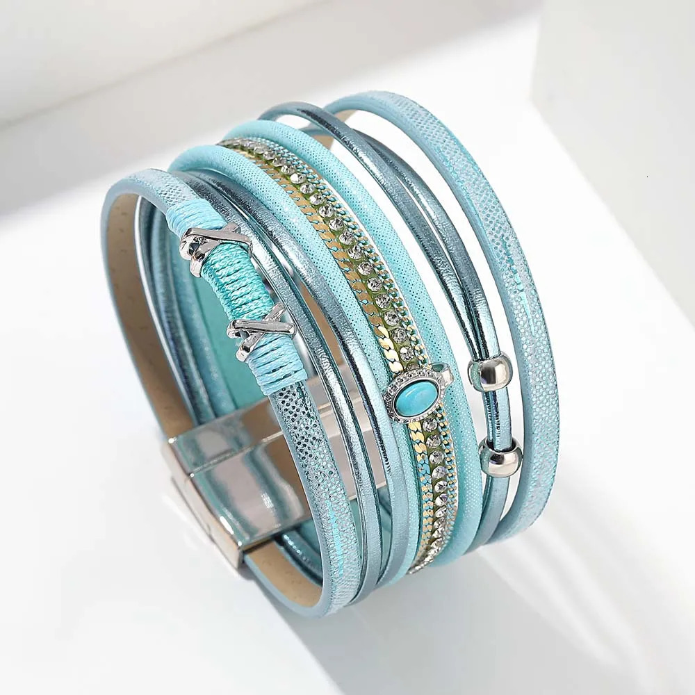 Amorcome Bohemian Multilayer Wrap Leather Bracelet for Women Men Blue Stone Rhinestone Chain Charm Bracelet Party Summer Jewelry 260318BJ - view 5
