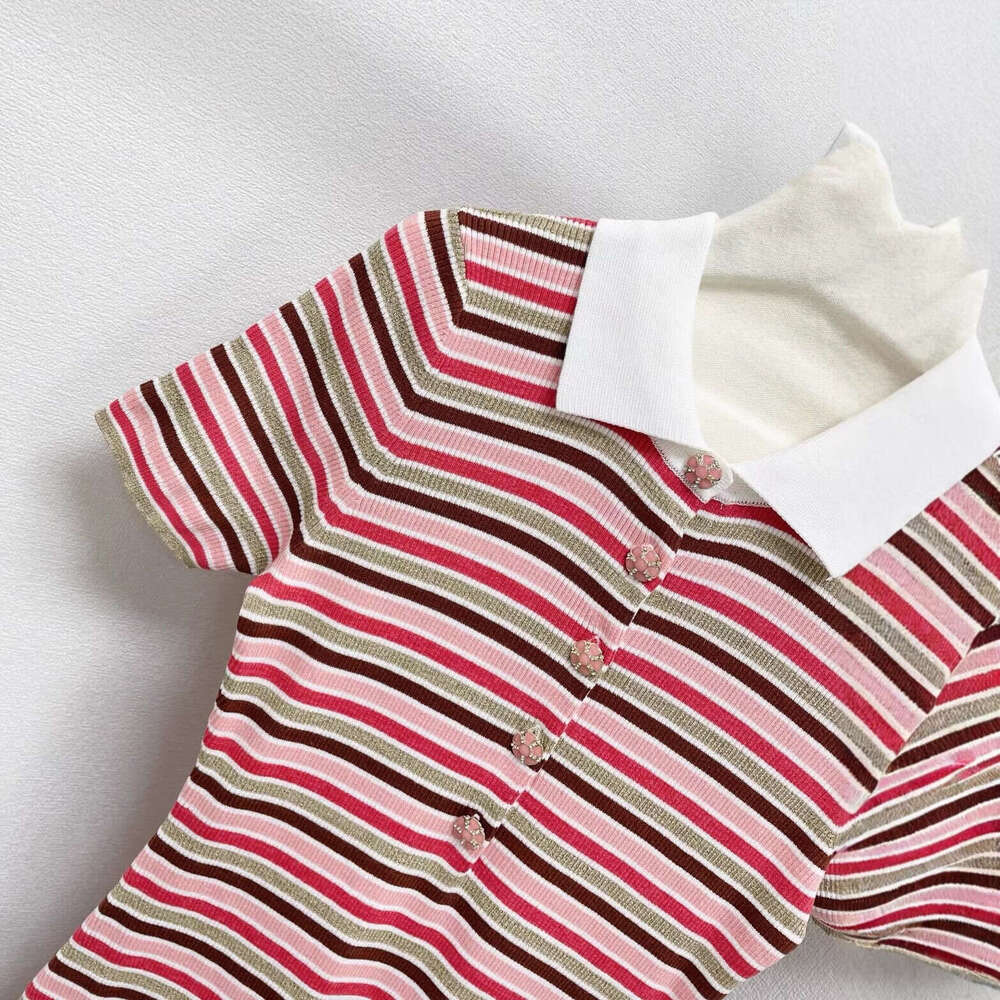 2026 Spring New Designer High end Striped Slimming Women's Flip Collar Half Button Short k30 Sleeve Knitted Dress