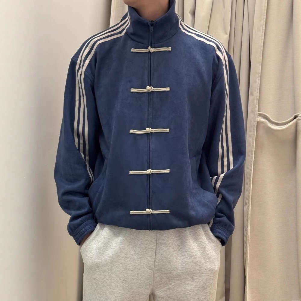 New Chinese Style Men's Suede Fleece Stand Collar Jacket Frog Button Baseball Collar Three Stripe Sport Coat Spring Autumn Casual