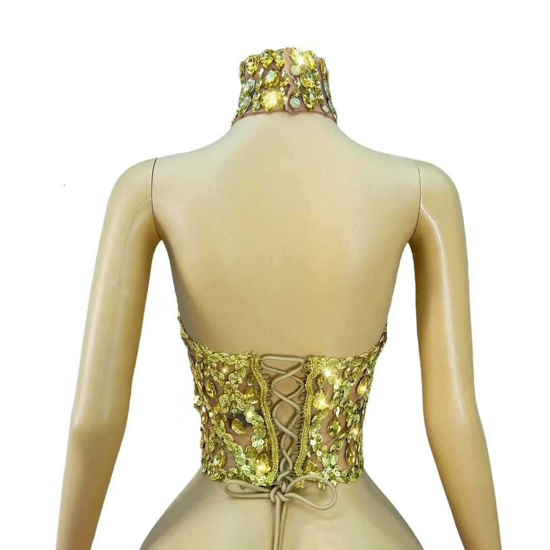 Sparkly Gold Rhinestone Mesh Tops Women Sexy See Through Evening Party Birthday Wear Nightclub Stage Performance Costume X260401