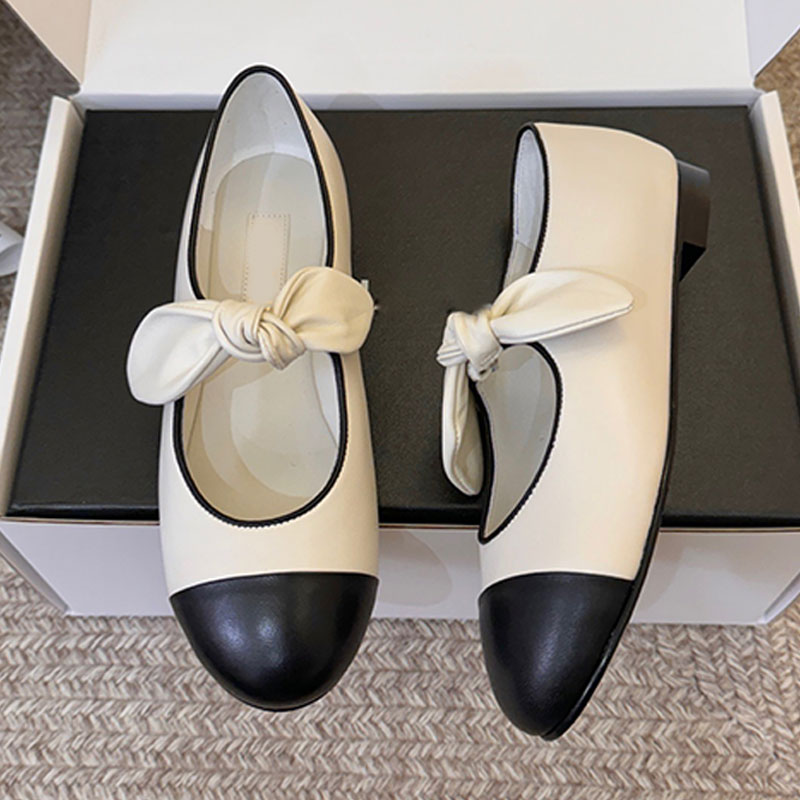 Bow Mary Jane Shoes Womens Fashion New Designer Sandals White Women Ballet Shoes Color blocked Leather Upper Leather Non slip outsole Outdoor leisure vacation