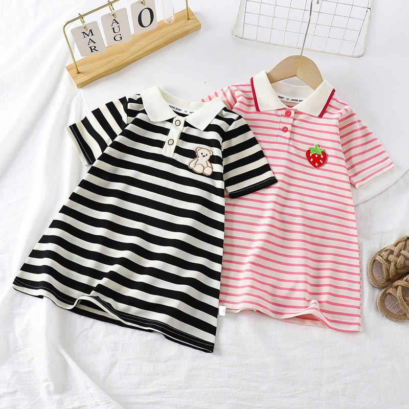 Girl's Dresses Girl's Dresses Girls' Summer Short Sleeve Polo Collar Dress Baby Girl Summer Striped A-line Dress Internet Celebrity