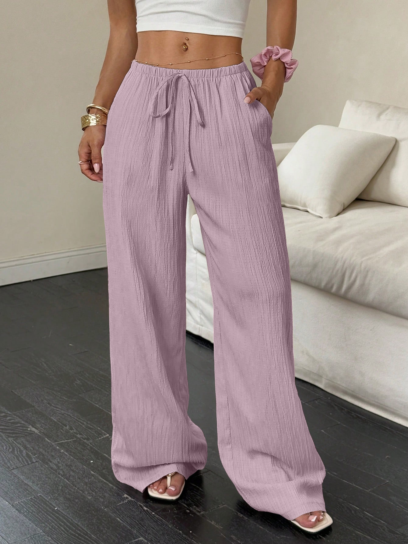 Women's Pants Casual Linen Wide Leg Mid Waist Long Trousers Comfortable Summer Fashion One Piece Ladies Clothing