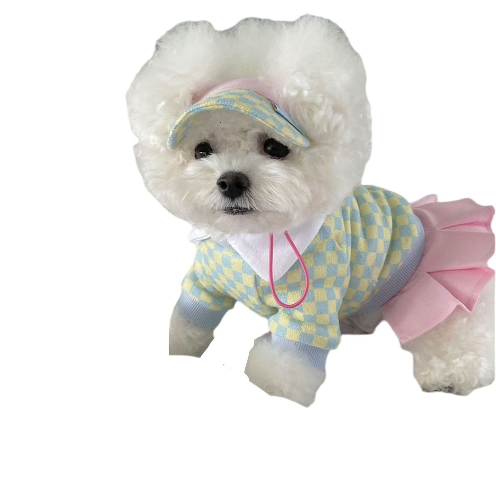 Pet Clothing Ins Style Autumn Winter Korean Tennis Prince Series Hat Color Blocked Checkered Skirt T Shirt Warm Apparel For Dogs