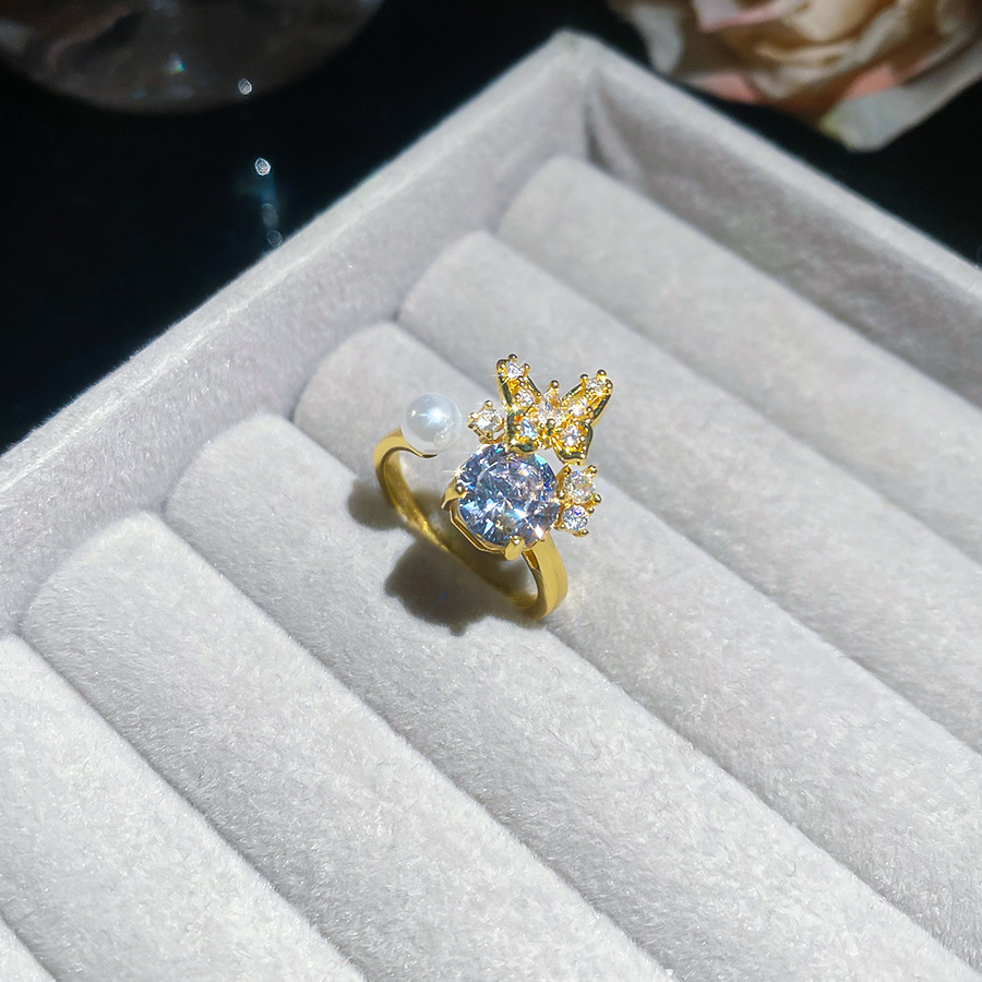 French-style exquisite zircon butterfly round pearl open niche high-end fashion ring, stylish and elegant women's jewelry - view 7