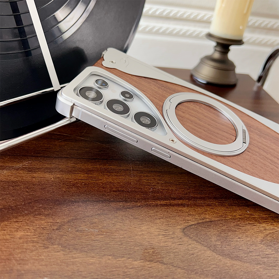 Walnut Aluminum Phone Case for Samsung S24 Ultra,Magnetic Stand, Metal Semi-wrapped style & Drop-Proof Cover
