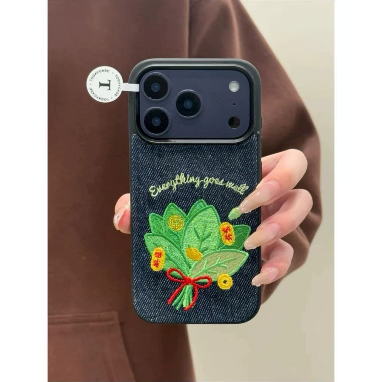 Denim blue embroidered grapefruit leaves for Apple good luck iPhone anti-drop mobile phone case
