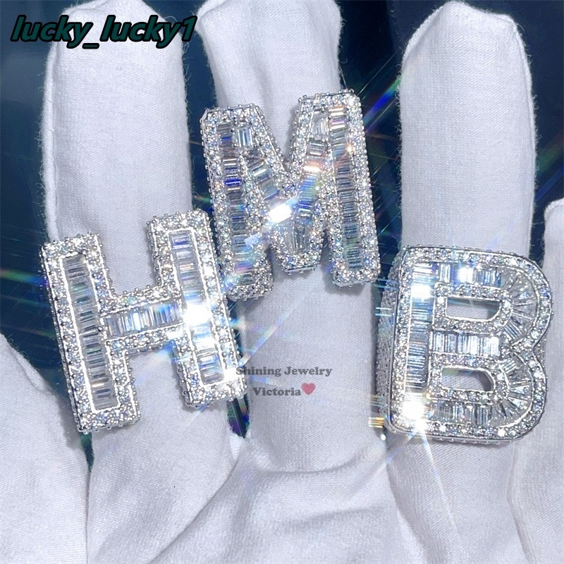 Best Selling Classic Round Mix Baguette Moissanite Diamond Custom Letter Initial Ring