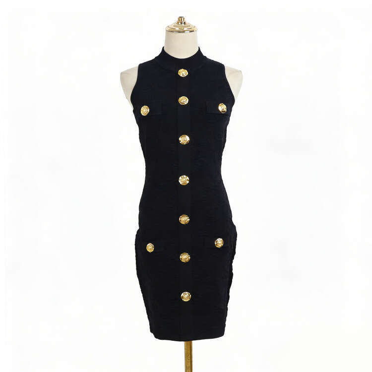 Summer new designer sleeveless knitted dress with stand up collar and jacquard pattern, slim fit, k30 medium length, elegant style