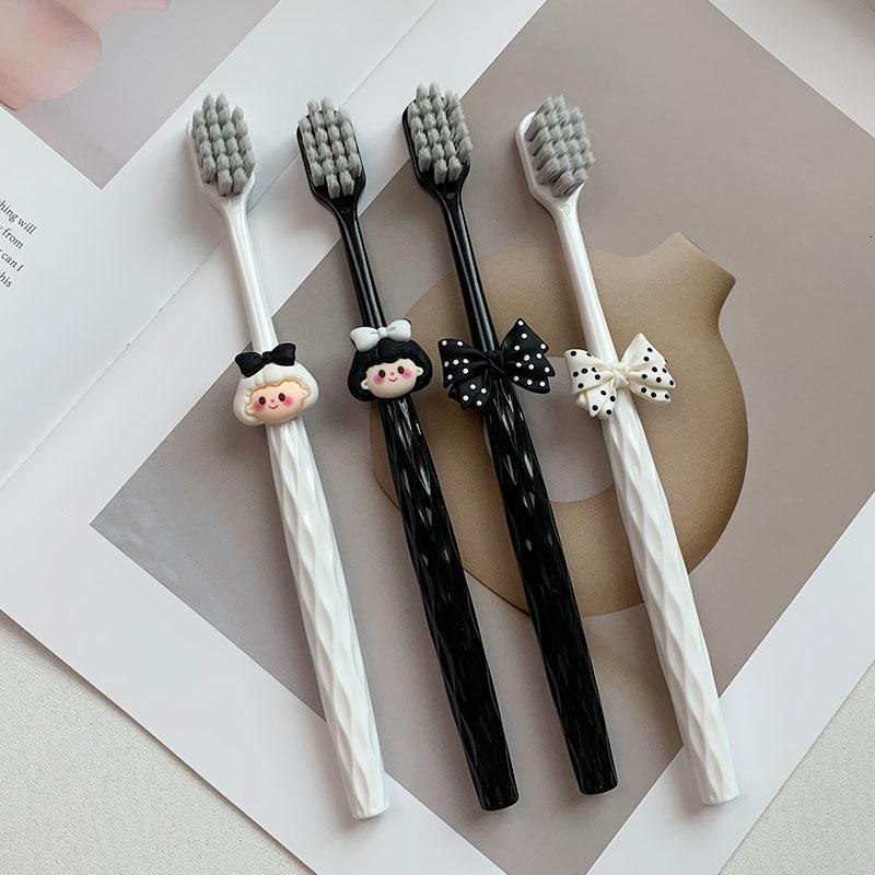 Toothbrush For Girls With Bowknot & Diamond Pattern Handle, Adult Household Wide Head Couple Toothbrush Cute Black White Soft Bristle