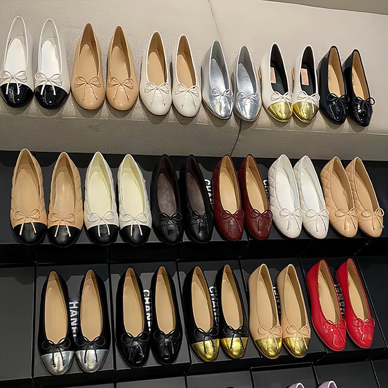 2026 Style ChanelInspired Genuine Leather Shallow RoundToe Womens Flats Versatile Commuting ColorBlock Bowknot Ballet Shoes for Women 210331
