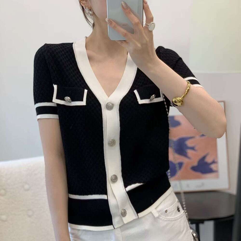 2026 summer new designer simple multifunctional V-neck single breasted color k30 blocking splicing slim knit cardigan top