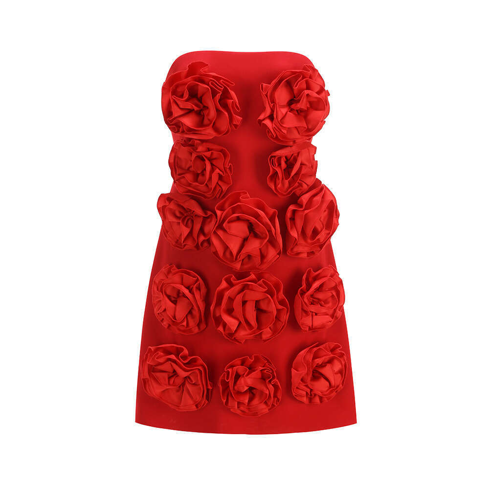 Designer European and k30 American red three-dimensional flower strapless light luxury social celebrity style banquet dress host dress