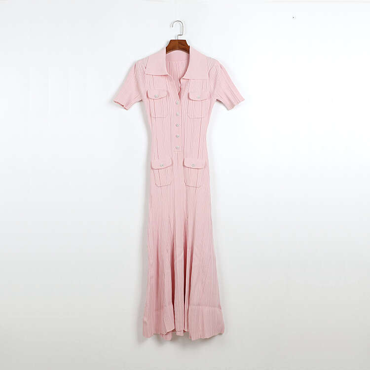 Designer solid color short sleeved lapel knitted pleated long skirt k30 for women, ribbed elastic long dress