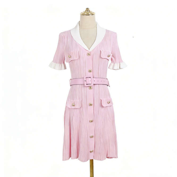 Summer new designer knitted contrasting collar, pleated cuffs, single breasted waistband, k30 fresh and elegant women's dress