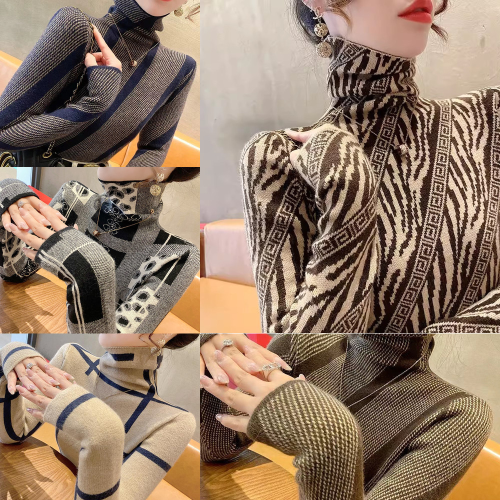 2026 Designer High Collar Sweater Fashion Luxury Brand Striped Jacquard New Style Western Long Sleeve Bottom Shirt Show Thinning Knitted Inner Women&#