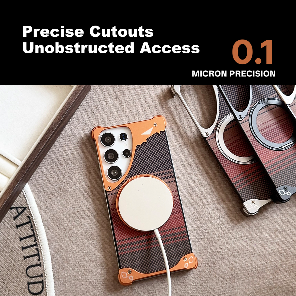 Mechanical Armor Case for Samsung S24 Ultra Aviation Aluminum Bumper N52 Strong Magnetic MagSafe Cover with Sunset Carbon Fiber Back & 360 Ring Stand