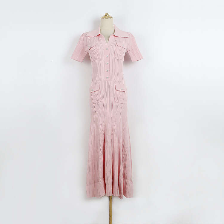 Designer solid color short sleeved lapel knitted pleated long skirt k30 for women, ribbed elastic long dress