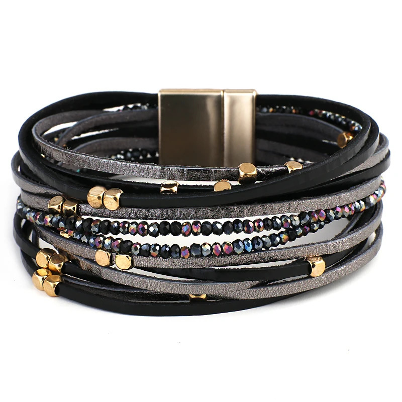 Amorcome Metal Beads Charm Genuine Leather Bracelets for Women Bohemian Multilayer Wide Wrap Bracelets Bangles Femme Jewelry 260318BJ - view 7