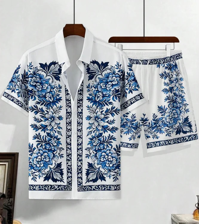Hawaiian Shirt Set Men 3D Printed Blue White Porcelain Pattern Summer Fashion Casual Daily Oversized Shirtshorts 2 Piece 260331