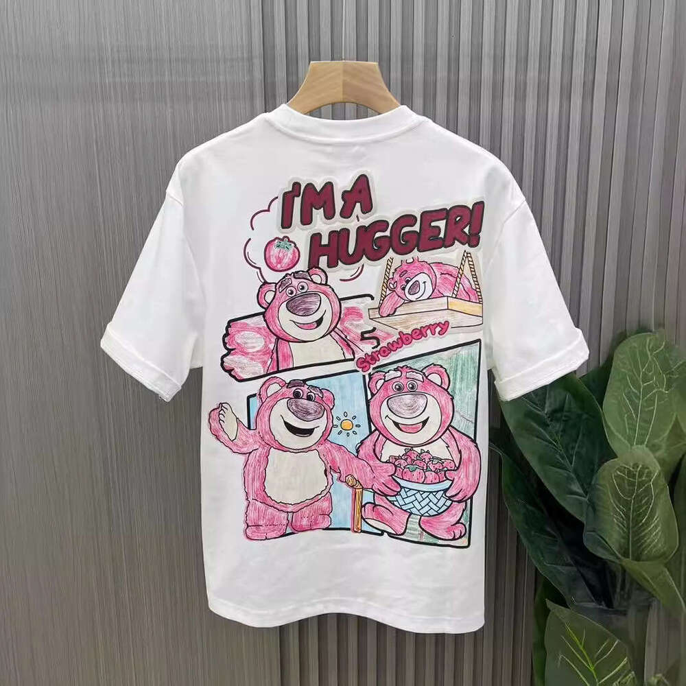 Men's Clothing T-Shirt Summer New Round Neck Strawberry Bear Print Short T-Shirt Couple Loose Casual Men's Half Sleeve Tee Youth Trendy Bran