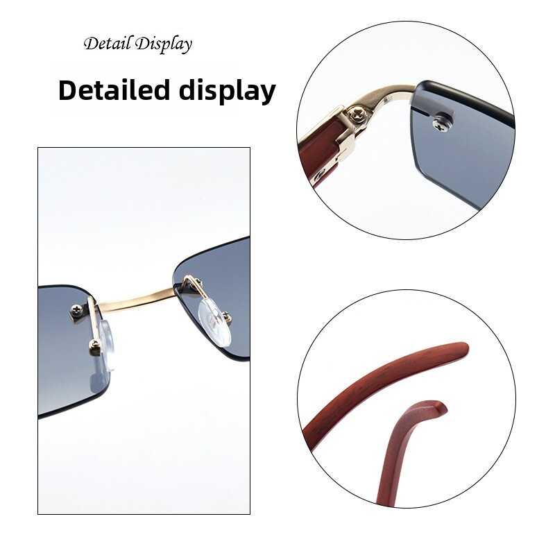 Fashion sunglasses Men and Women Frameless Imitation Wood Grain Temple Sunglasses