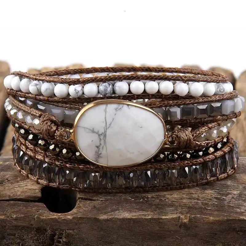 RH Fashion Leather Boho Armbander Green Mixed Natural Stones Charm 5 Strands Beaded Wrap Bracelets Drop 260318BJ - view 5