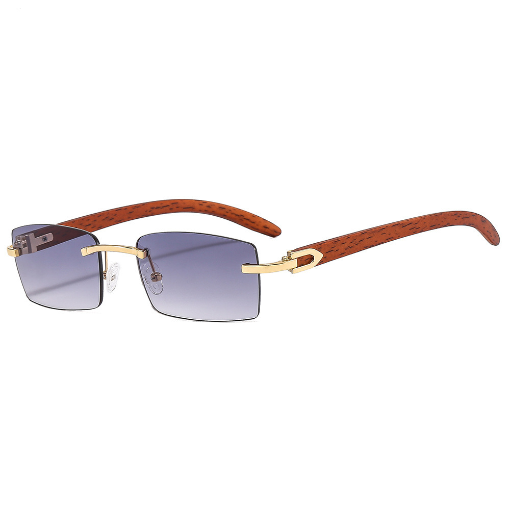 Trendy Wooden Leg Frameless Retro Women Ocean Lens Small Square Frame Sunglasses for Men Optical Glasses