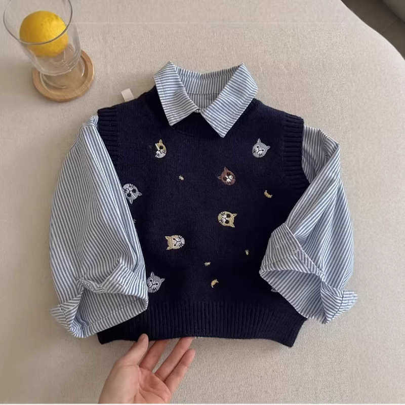 Pullover Pullover Children's Embroidered Knit Sweater Vest Spring and Autumn New Style Boys' and Girls' Sleeveless Vest Baby Cartoon To