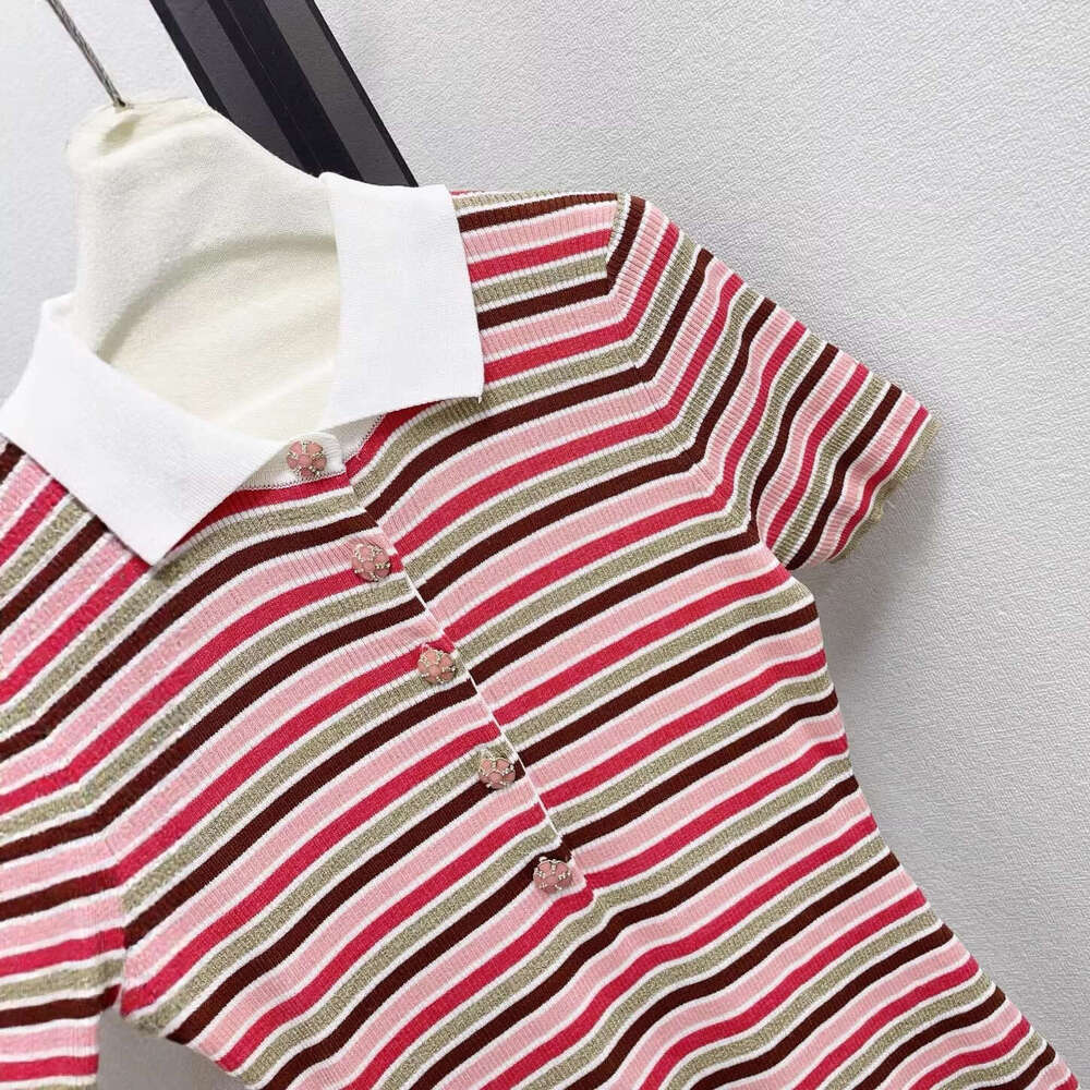 2026 Spring New Designer High end Striped Slimming Women's Flip Collar Half Button Short k30 Sleeve Knitted Dress