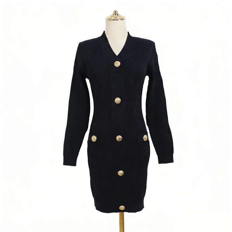 2026 Spring/Autumn New Designer Ribbed k30 Knitted V-neck Gold Lion Buckle Slimming Long Sleeve Dress