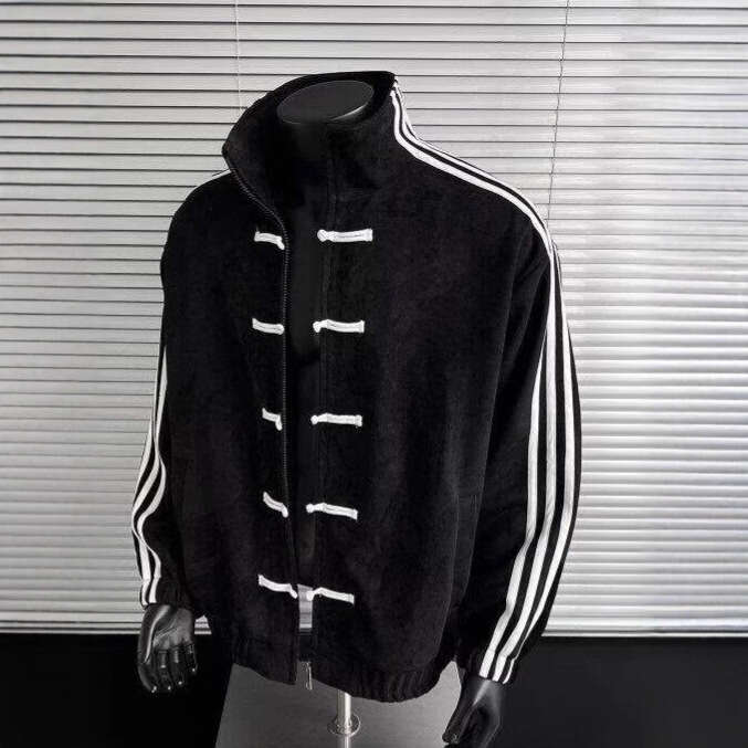 New Chinese Style Men's Suede Fleece Stand Collar Jacket Frog Button Baseball Collar Three Stripe Sport Coat Spring Autumn Casual