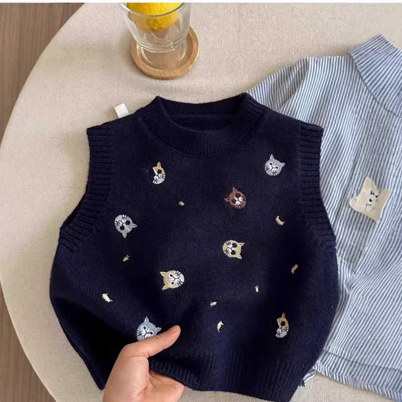 Pullover Pullover Children's Embroidered Knit Sweater Vest Spring and Autumn New Style Boys' and Girls' Sleeveless Vest Baby Cartoon To